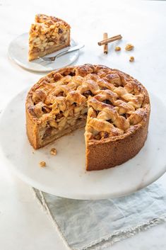 a pie on a plate with one slice cut out