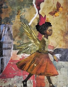 a painting of a woman with butterflies on her head and wings flying over her head