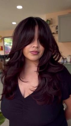 Subtle Black Cherry Hair, Black Cherry Plum Hair, Red Almost Black Hair, Dark Red Hair Blowout, Dark Cherry Red Hair Black Women, Dark Cherry Red And Black Hair, Cherry Red Under Black Hair, Black Cherry Hair Highlights, Intense Dark Red Hair