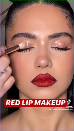 #red #redlip #makeup #makeuplover Red Lips Brown Eyes Makeup, Red Lipstick With Lip Liner, French Red Lipstick Aesthetic, Makeup Ideas Red Lipstick, Gold Eyes Red Lips Makeup, Red Lip Holiday Makeup, Wedding Makeup With Red Lipstick, Red Lipstick Red Dress