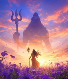 a man standing in the middle of a field with purple flowers and an evil looking demon