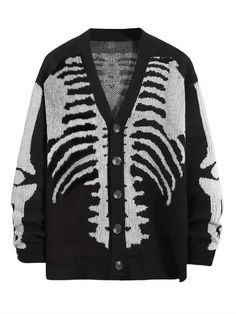 Plus Size Men's Hollow Out Printed Long Sleeve V-Neck Button Cardigan Sweater Black Casual  Long Sleeve Knitwear Colorblock,Zebra Stripe  Medium Stretch  Men Plus Size Clothing, size features are:Bust: ,Length: ,Sleeve Length: Winter Sweater Coat, Y2k Sweater, Skeleton Print, Áo Len Cardigan, Halloween Sweater, Sweater Oversize, Printed Cardigan, Knitted Cardigan, Sleeve Cardigan