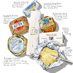 a drawing of different types of cheeses and condiments