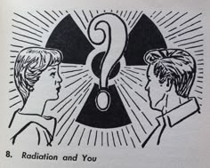 an old black and white drawing of two people with a question mark in the middle