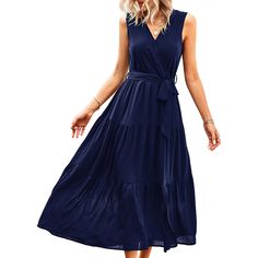 Navy Blue V Neck Sleeveless Tie Waist Midi Dress Chic Navy Sleeveless Midi Dress, Navy Sleeveless Dress For Vacation, Navy Blue Midi Dress, Navy Midi Dress, Blue V, Navy Blue Dresses, Midi Dresses, Women Dresses, Dresses Midi