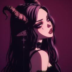 a woman with long black hair and horns on her head is staring into the distance