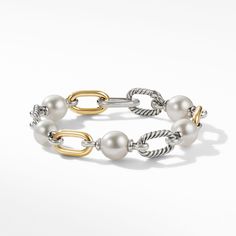 DY Madison Pearl Chain Bracelet in Sterling Silver with 18K Yellow Gold, 11mm Gold And Pearls, David Yurman Bracelet, Pearl Chain, High Jewelry, David Yurman, How To Make Ornaments, Jewelry Pouch, Cultured Pearls, Bracelet Designs