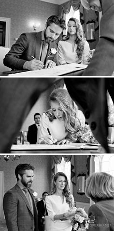 the bride and groom are signing their wedding vows in black and white photos, while the groom looks on