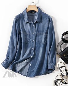 Zlily - Contemporary Casual Long-Sleeved Shirt Design in Denim Jacket Sleeve Stencil, Types Of Collars, Jacket Tops, Shirt Design, Types Of Sleeves, Denim Jacket, Dark Blue, Shirt Designs, Long Sleeve Shirts