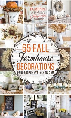 a collage of farmhouse decor with pumpkins and other fall decorations in the background