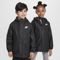 A little rain won't stop little ones from going out to play so why not send them in something that will keep them warm, cozy and most importantly, dry while they're out? This jacket, made of smooth poly fabric bonded with a breathable, water repellent membrane to help keep kids dry in light rains, has a full-zip closure with a snap placket overlay to help keep the cold and rain out and keep warmth in. Elasticized cuffs help secure the fit, the upper body and hood are lined with soft fleece for extra warmth and snap-closure pockets help secure small items, making this jacket a fall essential. Black Waterproof Long Sleeve Raincoat, Black Waterproof Hooded Outerwear, Casual Black Weatherproof Raincoat, Black Nylon Windbreaker With Fleece Lining, Black Casual Waterproof Windbreaker, Casual Black Raincoat, Sporty Black Windbreaker With Fleece Lining, Black Sporty Windbreaker With Fleece Lining, Black Hooded Windbreaker With Fleece Lining