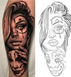 two different tattoos on each arm and one with a woman's face