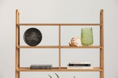 a wooden shelf with books, vases and other items on it next to a potted plant