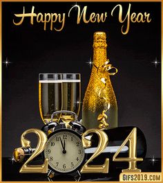 a happy new year card with champagne, clock and two glasses in front of a bottle