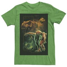 a green t - shirt with an image of a dinosaur and another animal in the background