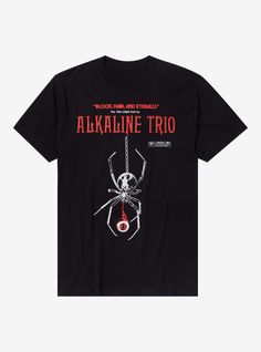 Rep Alkaline Trio's 2023 track "Blood  Hair  and Eyeballs" with this tee showing a film poster-style graphic with a spider holding an eyeball  the band's logo  an age restriction warning and the track name above.100% cottonWash cold; dry lowImportedListed in men'sunisex sizes Alkaline Trio Wallpaper, Alkaline Trio Art, Alkaline Trio Logo, Red Tri-blend Graphic Tee, Alkaline Trio, Graphic T-shirts Hot Topic, Band Logos, Fashion Poster, Hot Topic