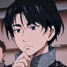 an anime character with black hair is looking at the camera and has his hand on his chin