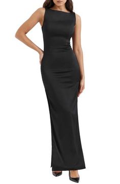 A thigh-high side slit is the focal point of this floor-sweeping fitted stretch-satin gown with a chic bateau neckline. Exclusive retailer Hidden back-zip closure Bateau neck Sleeveless Lined 72% viscose, 24% polyamide, 4% elastane Dry clean Imported Black High Neck Formal Dress, Bridesmaid Suits For Women, Formal Dresses Long Elegant Classy, Black Boat Neck Dress, High Neck Dress Formal, Formal Dresses Long Elegant, Bridesmaid Suits, Dress Book, White Bridesmaid Dresses