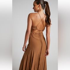 Size 16 But Fits Nicely For Size 14 Also. Lightweight And Comfortable. Brown Backless Dress For Date Night, Brown Backless Dress For Spring, Spring Brown Backless Dress, Brown Backless Maxi Dress For Spring, Brown Tie Back Dress For Spring, Brown Tie-back Dress For Spring, Spring Brown Dress With Tie Back, Midi Silk Dress, Mermaid Midi Dress