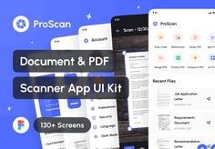 three screens with the text document & pdf scanner app ui kit on them, and two