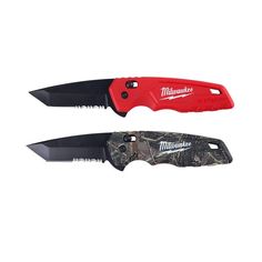 two knives with red handles and camouflage print on them, one has a black blade