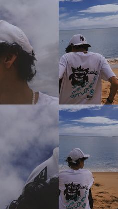 three pictures of a person wearing a hat and t - shirt on the beach with clouds in the background