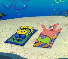 two cartoon characters laying on beach towels in the sand with an ocean and fish background