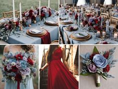 a collage of photos with flowers, candles and napkins on the table in different colors