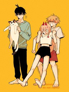 two anime characters with one holding a cat