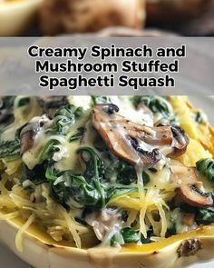 a plate with spaghetti, mushrooms and spinach on it