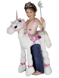 Almost every child has wanted to ride a unicorn at least once in their life. Your child can live her dream on Halloween or for everyday playtime with this Ride-A-Unicorn costume for girls! It's said that only a gentle maiden can tame a unicorn, so this costume is the perfect choice for your daughter! It includes a soft unicorn body with a hole for her to step through and look like she's riding it. The unicorn features a pink satin saddle and pink ribbons around its legs, as well as a light pink Rainbow Dash Costume, Chewbacca Costume, Pony Costume, Unicorn Costume Kids, Halloween City, Halloween Videos, Kids Halloween Costume, Halloween Couples, My Little Pony Costume