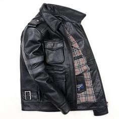 If you love to infuse a motorcycle-style twist into your look, consider this men's street jacket. Crafted from cow leather, it exudes charm. Adorned with pockets and zippers, this Korean-style jacket complements any outfit. Ideal for casual occasions, grab yours now while it's in stock to effortlessly upgrade your look. Specifications Brand Name: GeraldBlackOrigin: Mainland ChinaCN: ZhejiangApplicable Season: Autumn And WinterMaterial: Cow LeatherThickness: STANDARDLining Material: COTTONApplicable Scene: CasualStyle: KoreanOuterwear Type: Leather & SuedeDecoration: PocketsDecoration: ZippersClothing Length: RegularGender: MENPlace Of Origin: China (Mainland)Detachable Part: NONEType: SlimCollar: Turn-down CollarClosure Type: zipperHooded: NoPattern Type: SolidSleeve Length(cm): Fullsize: Leather Biker Jacket For Winter Urban Adventures, Winter Leather Biker Jacket With Stand Collar, Masculine Winter Leather Jacket With Pockets, Leather Outerwear With Pockets For Urban Adventures, Leather Biker Jacket With Pockets For Outdoor, Long Sleeve Biker Leather Jacket For Outdoor, Leather Biker Jacket With Pockets For Events, Black Leather Jacket With Multiple Pockets For Fall, Leather Motorcycle Jacket With Pockets