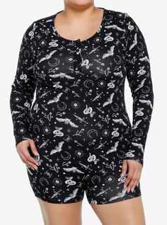 Feelin' batty? Chill out in this Cosmic Aura romper  which has long sleeves  buttons at the neckline and an allover print of bats  snakes  daggers  spiders and more.60% cotton; 35% polyester; 5% spandexWash cold; dry lowImportedModel is 5'10"Model wears size 1 Black Long Sleeve Sleep Top, Black Long Sleeve Graphic Print Sleepwear, Black Long Sleeve Graphic Sleepwear, Cosmic Aura, Romper Plus Size, Plus Size Hot, Dark Wear, Tall Hoodies, Plus Size Fits