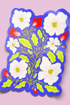 a blue and white flowered paper cutout on a pink background with green leaves