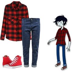 a red and black plaid shirt, jeans, and converse shoes are featured in this image