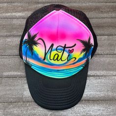 Never Used Custom Airbrushed Hat With Sunset And Beach In The Background. In Great Condition. Perfect Gift For A Natalia Or Natalie! Airbrush Hat, Custom Airbrushing, Airbrush Art, Air Brush, Sunset Beach, Black Hat, Beach Sunset, Black Pink, Women Accessories