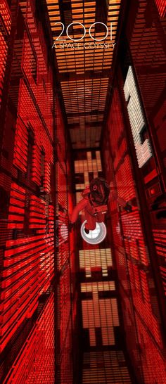 the inside of a building with red lights