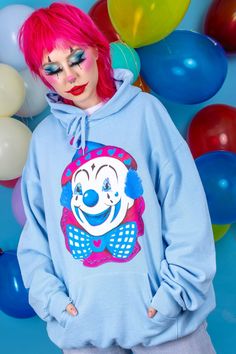 "Jasper The Clown baby blue hoodie. Introducing our latest creepy friends...Noodles & Jasper, The Clown Twins. Both terrifying and adorable, if you like Clowns you're bound to fall in love with this mischievous pair! If you want to wear it oversized we recommend going 1 or 2 sizes up! This is a Grunge Monkey exclusive creation, designed and made in our Chester studio. Sizes: S (UK 8 - 10), M (UK 12 - 14), L (UK 16 -18), XL (UK 20 - 22) XXL (24 - 26)* Chest/Bust: S 35/37\" M 38/40\" L 41/43\" XL Blue Hooded Halloween Hoodie, Blue Halloween Hoodie, Fun Winter Hoodie, Fun Cartoon Print Sweatshirt, Fun Cotton Hoodie With Cartoon Print, Playful Cotton Hoodie With Character Print, Mermaid Tshirt, Baby Pink Sweater, Cute Clown