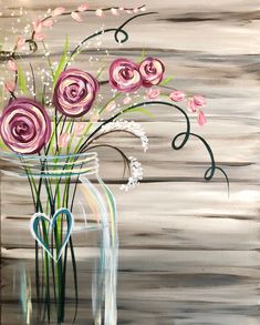 a painting of pink flowers in a glass vase on a wooden table with hearts painted on it