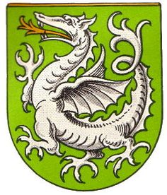 a green and white crest with a dragon on it