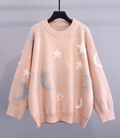 Cute star moon long sleeve sweater Fabric: blended Color: white, pink, blue Size(cm): free size length 60 bust 114 sleeve length 47 Top Streetwear Brands, Sweater Fabric, Moon Pattern, Star Sweater, Cute Stars, Clothing Details, Star Moon, Pullover Sweater Women, Knit Shirt