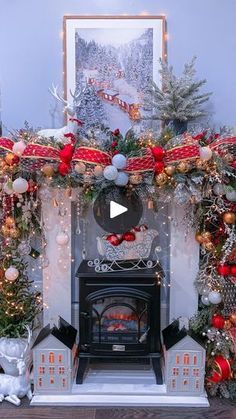 a fireplace decorated for christmas with red and gold decorations