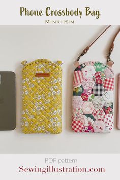 three cell phone cases sitting next to each other on top of a white table with text overlay that reads, phone cross body bag mini kim