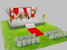 the stage is set up for an event with red and white drapes on it