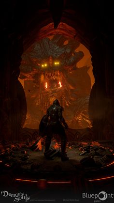 a man standing in front of a giant demonic creature