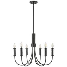 a black chandelier with five lights hanging from the bottom and one light on top