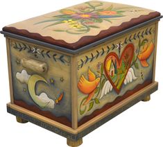 an artisticly painted wooden box with birds and flowers on the lid, sitting in front of a white background