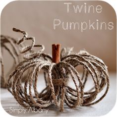 two pumpkins sitting next to each other on top of a white surface with the words, twine pumpkins