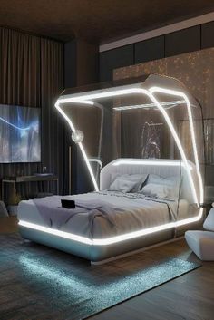 a bed with lights on it in the middle of a room