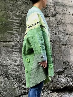 Handmade Green Winter Outerwear, Artistic Multicolor Winter Outerwear, Felted Garments, Bohemian Hand-stitched Winter Outerwear, Soft-texture Hooded Winter Outerwear, Wearable Art Clothing, Fall Coat, Hand Felted, Nuno Felting